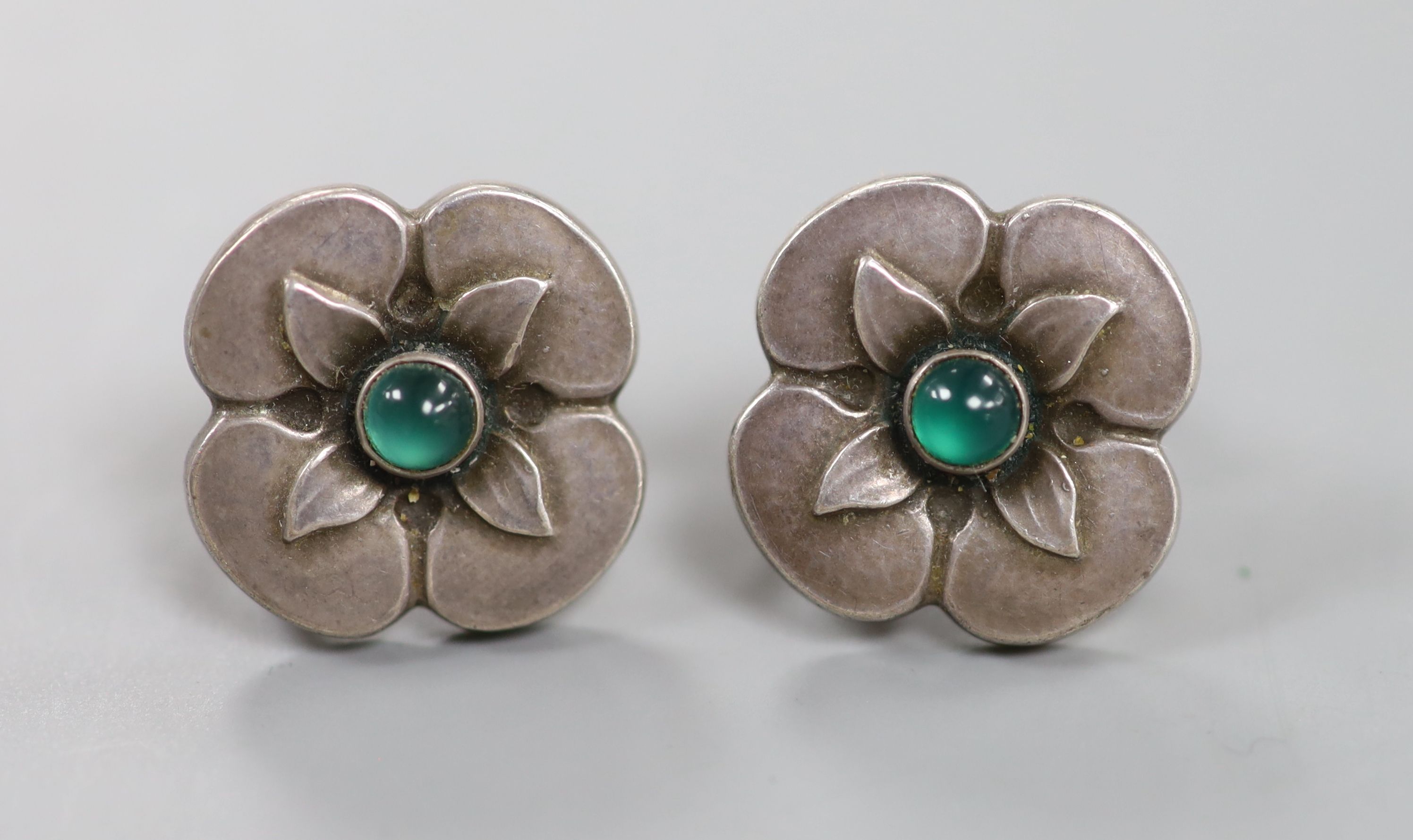 A pair of Georg Jensen sterling and chrysoprase set flower head ear clips, design no. 190A, diameter 18mm.